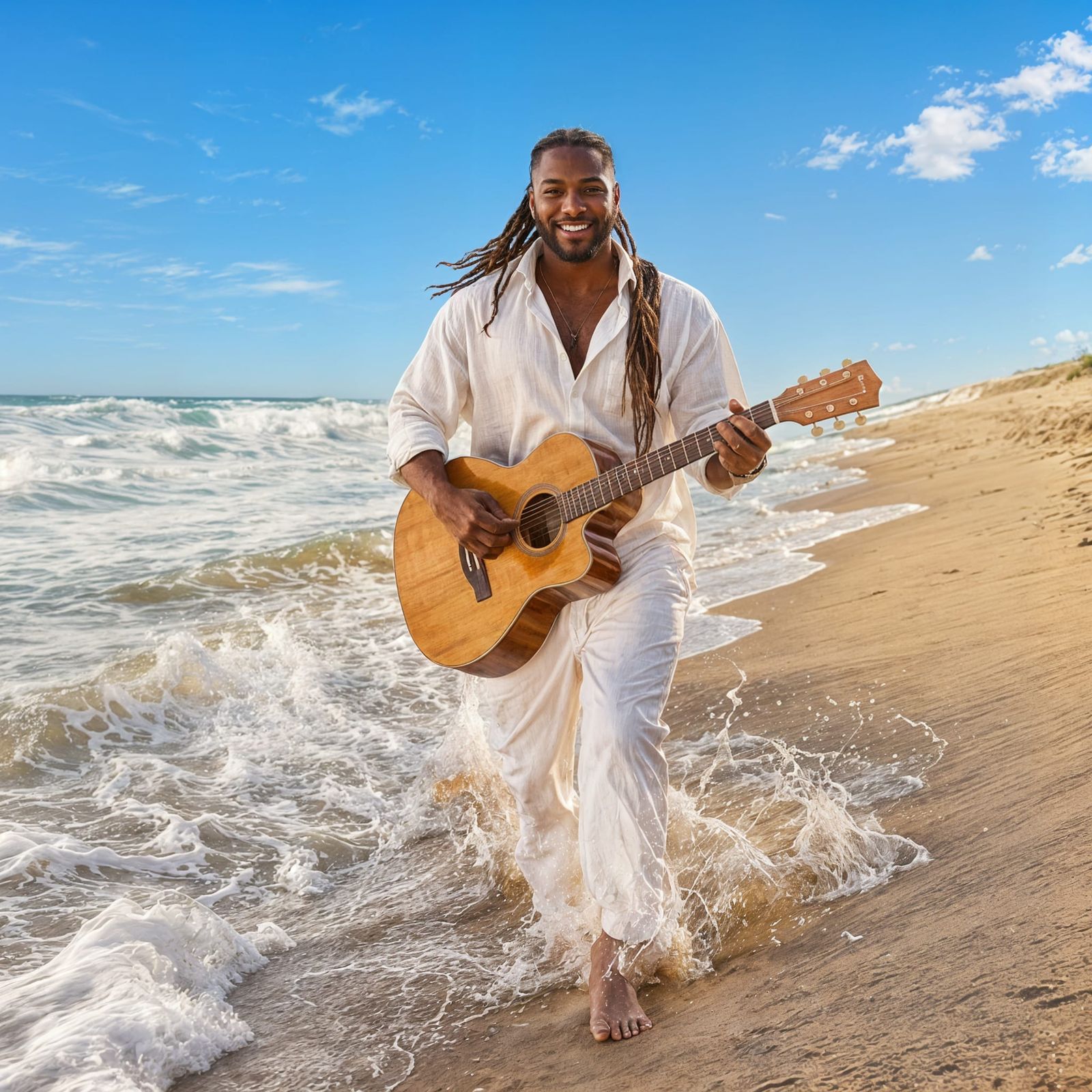 Man Emerges From Sea With Guitar and Flower