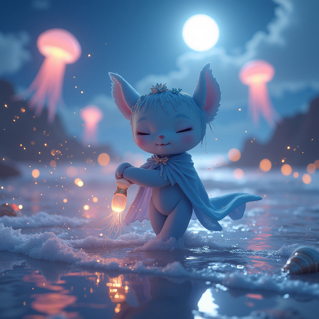 Labubu Toy Plays on Moonlit Seaside