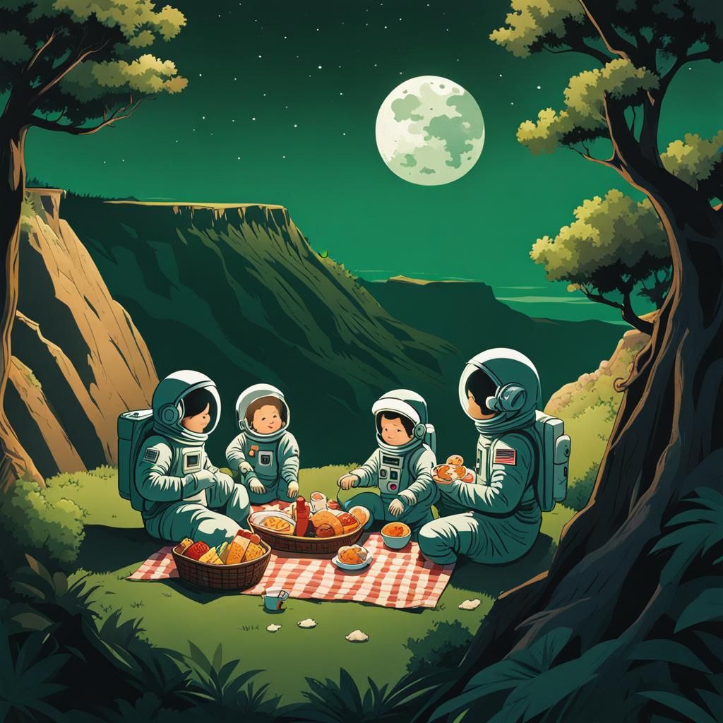 Astronaut Family Picnic on a Cliff