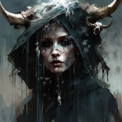 Woman in Bovine Skull Veil: Goth Art Style