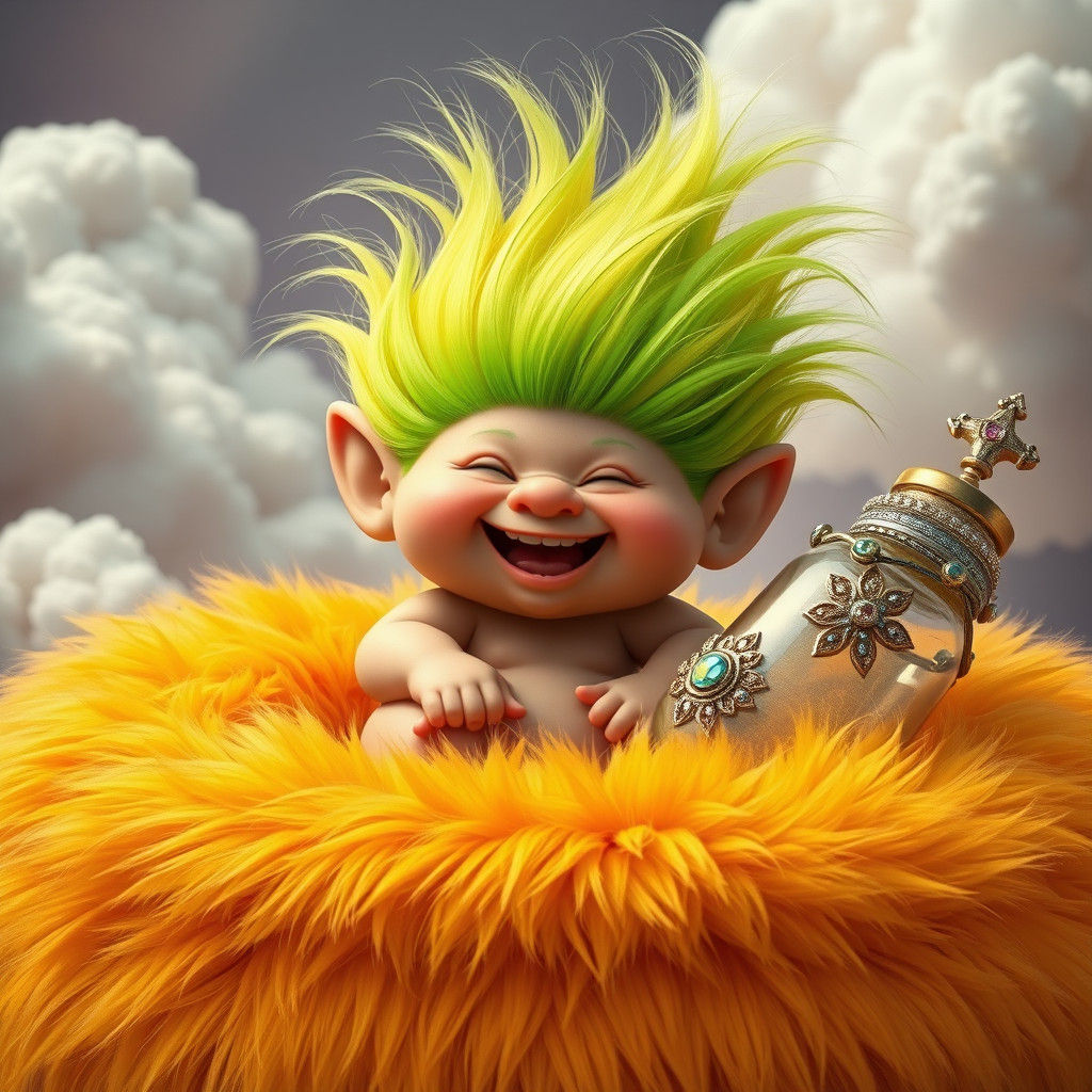 Joyful Baby Troll on Daffy Duck Carpet