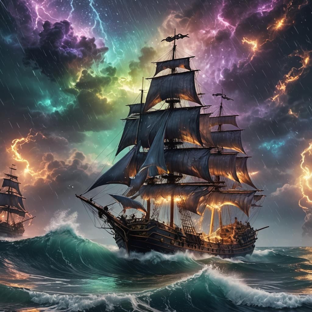 Pirate Ships Battle on Bioluminescent Galaxy Sea
