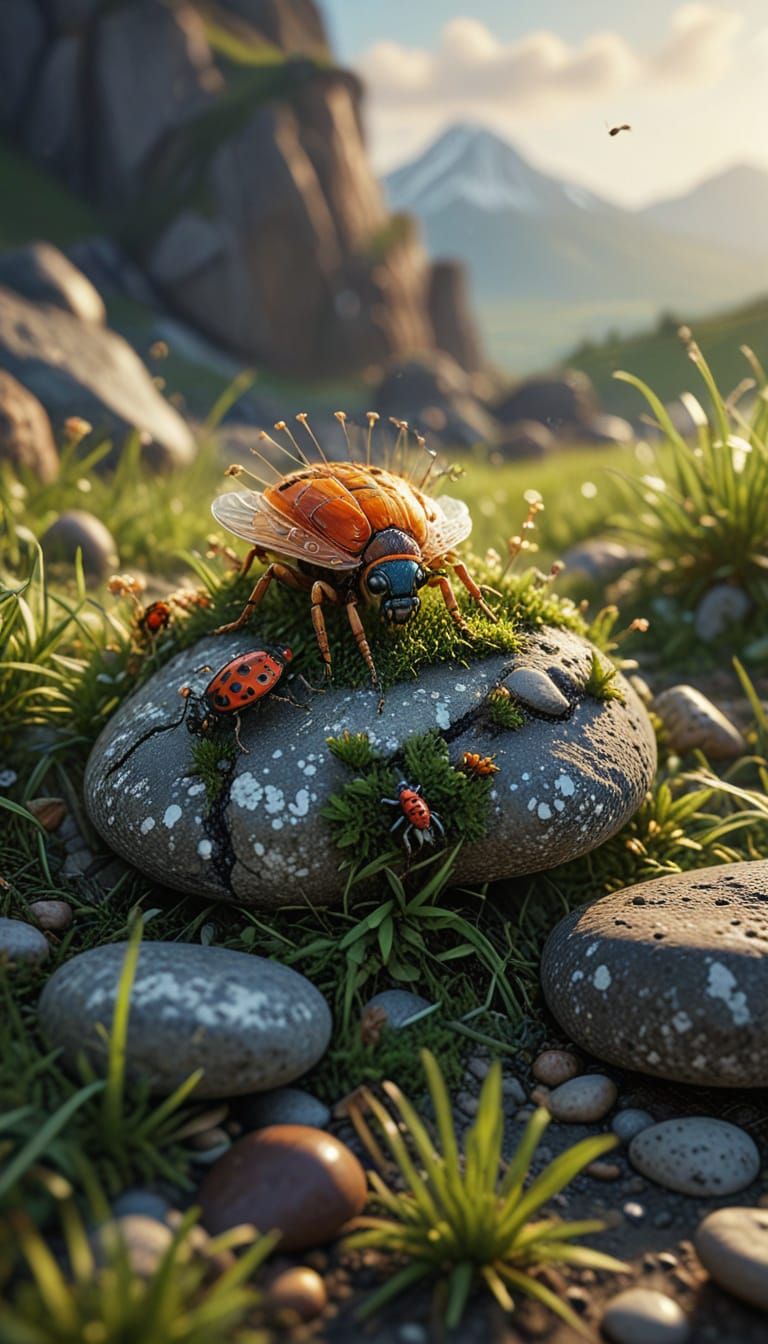 Tiny Wizard Creatures Explore Grassy Field in Digital Art