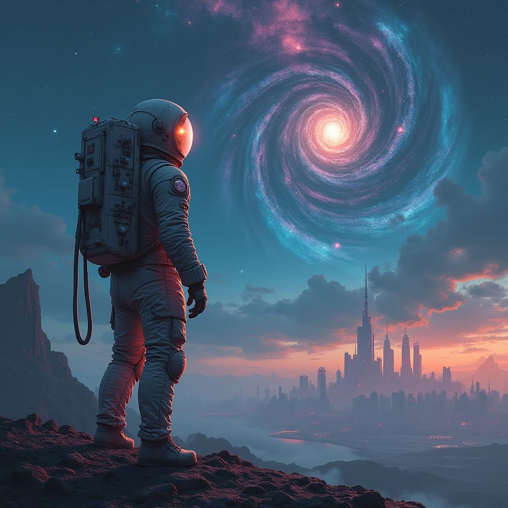 Astronaut Gazing at Cosmic Vortex in Cyberpunk Style