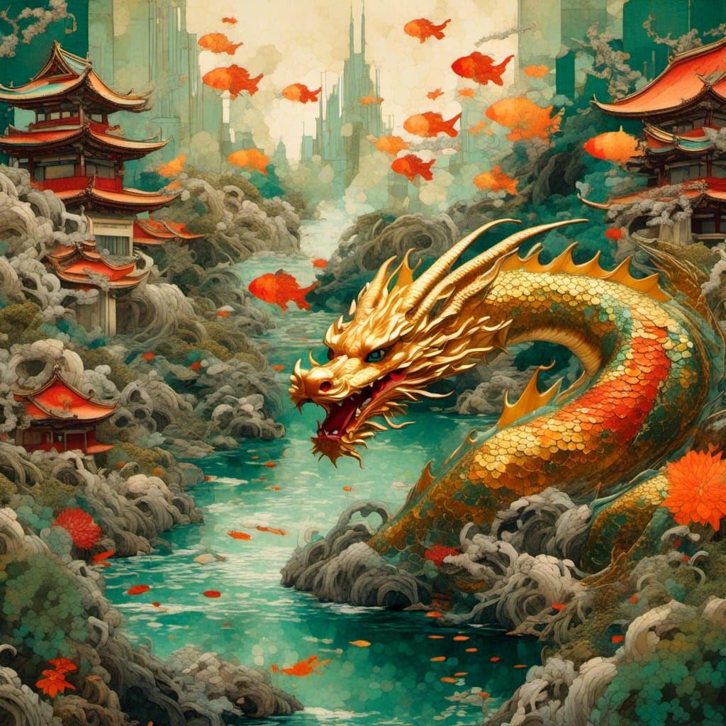 Dragon Swims in Tokyo Cityscape Collage