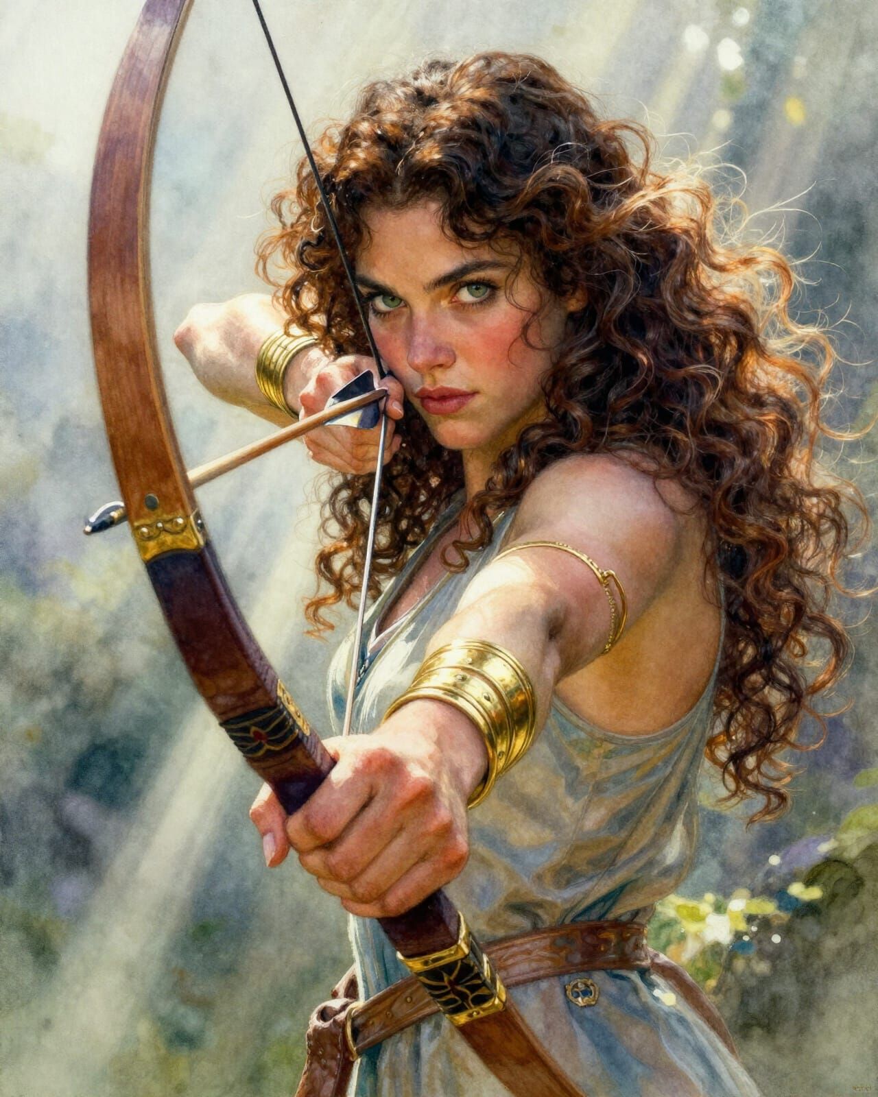 Ethereal Woman Archer in Watercolor Painting Style