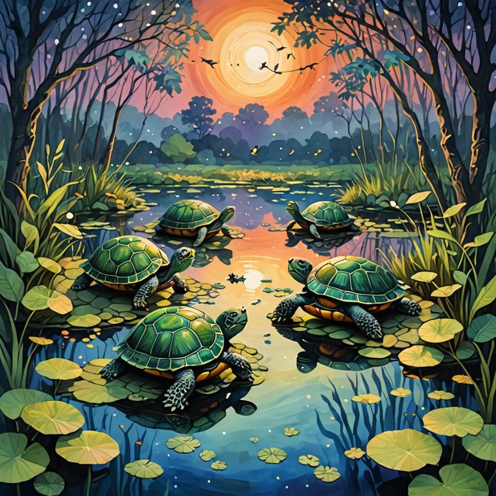 Turtles in Leaf Capes by Pond at Dusk