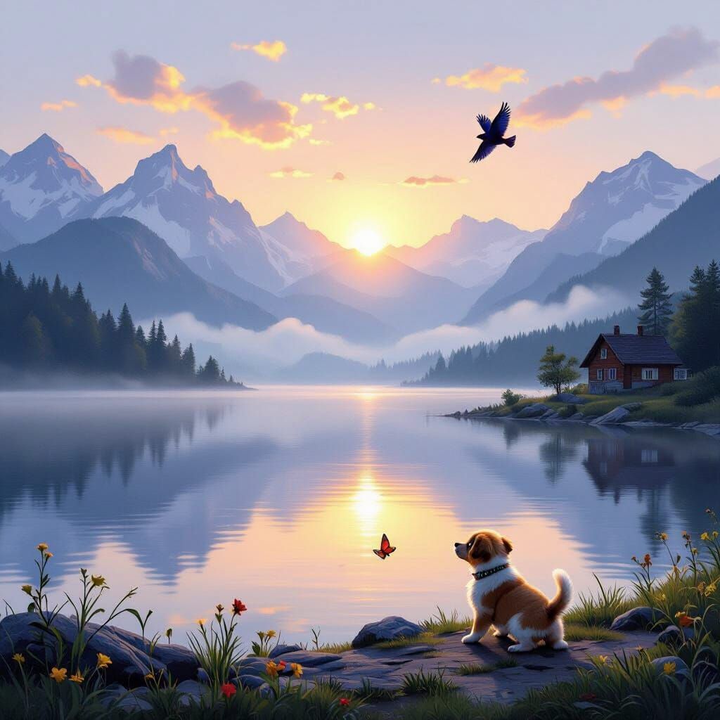 Mountain Lake at Dawn: A Whimsical Landscape Painting
