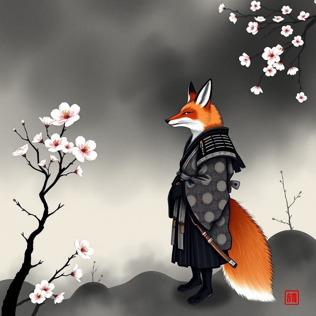 Samurai Fox in Sumi-e Ink Painting Style