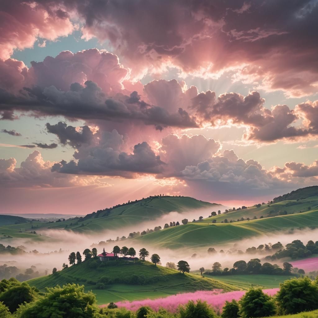 Lush Green Landscape with Pink Sky