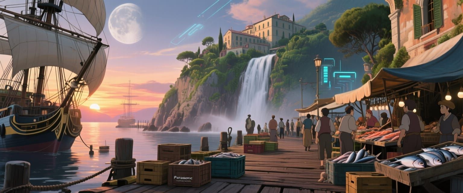 Italian Island Dock at Sunset in Ghibli Style