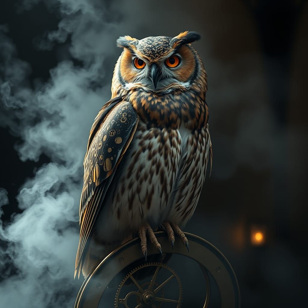 Steampunk Owl with Clockwork Features in Hyperrealism