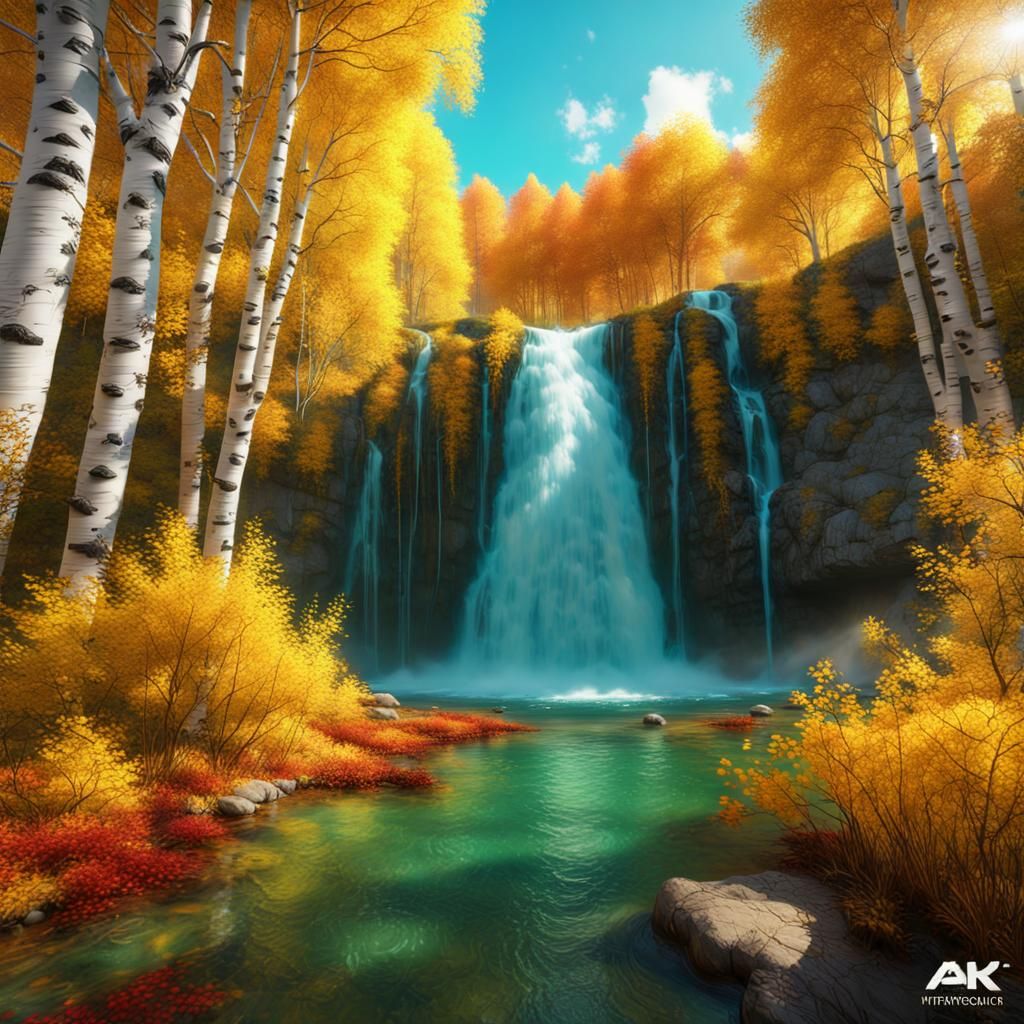 Emerald Waterfall in Vivid Autumn Birch Forest