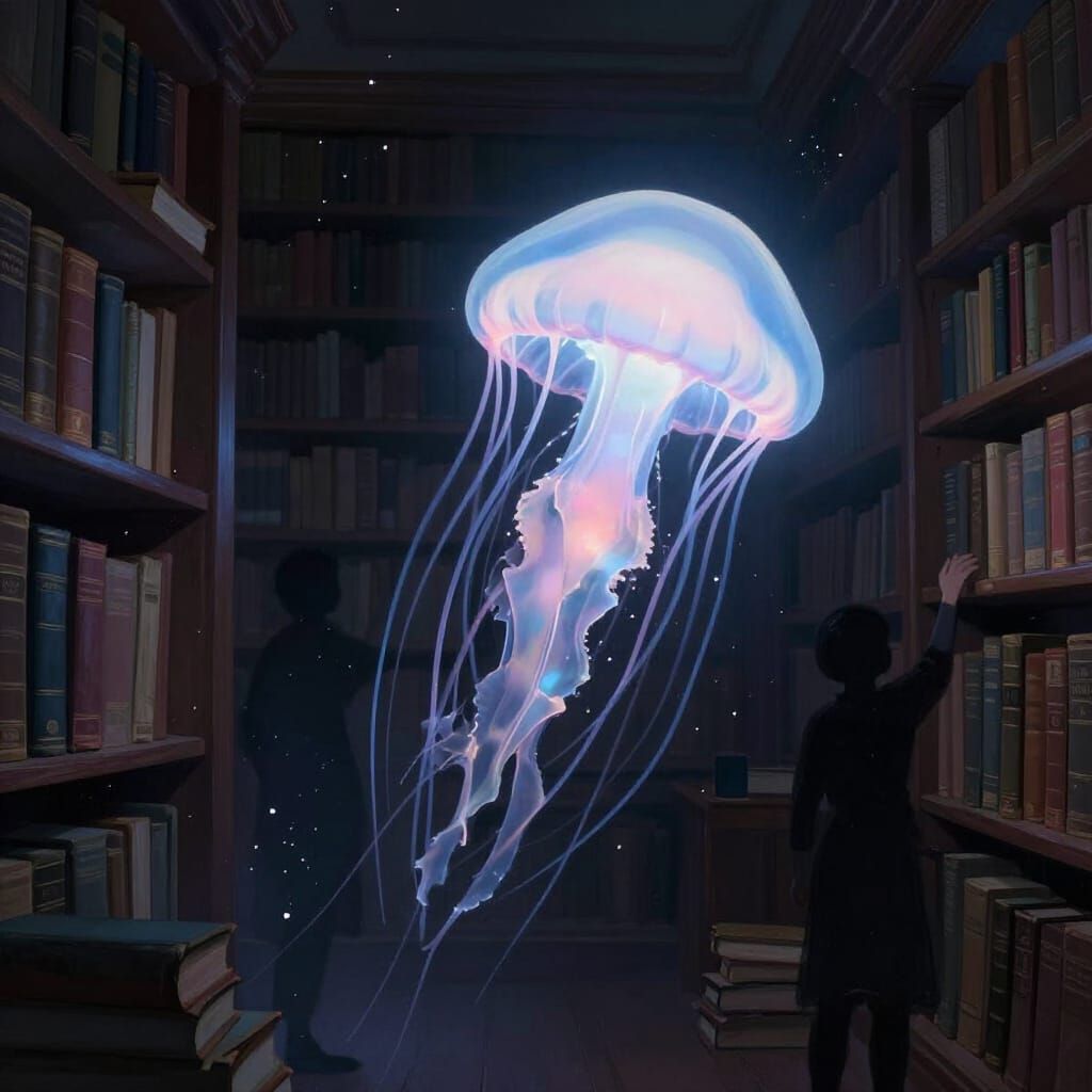 Bioluminescent Jellyfish in Ancient Library