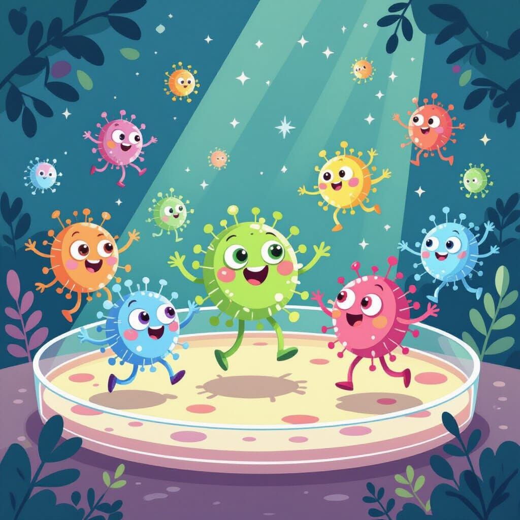 Whimsical Microbes Dancing in a Petri Dish