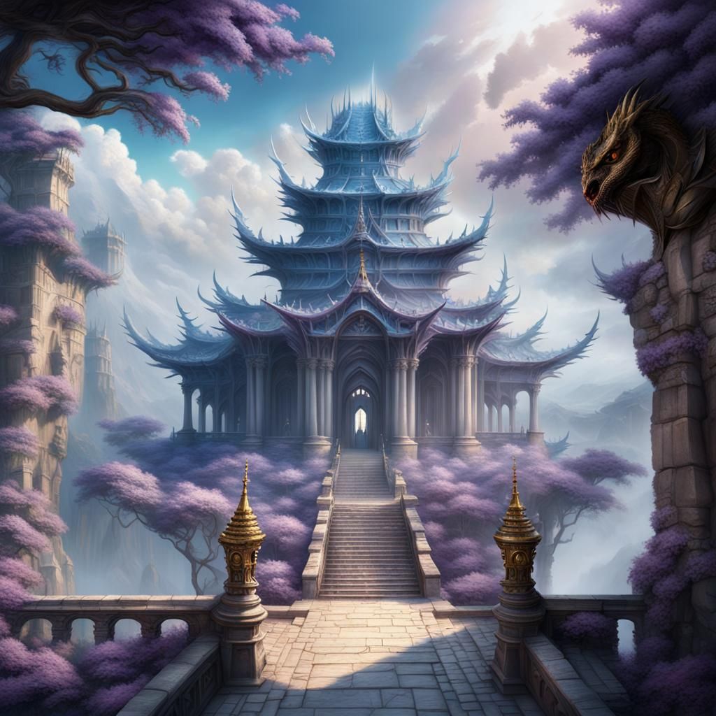 Medieval Air Temple with Dragon: Digital Matte Painting