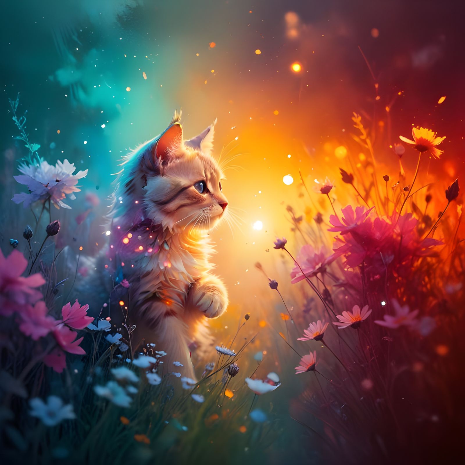 Ethereal Whimsy: Fluffy Kitten in Dreamlike Twilight