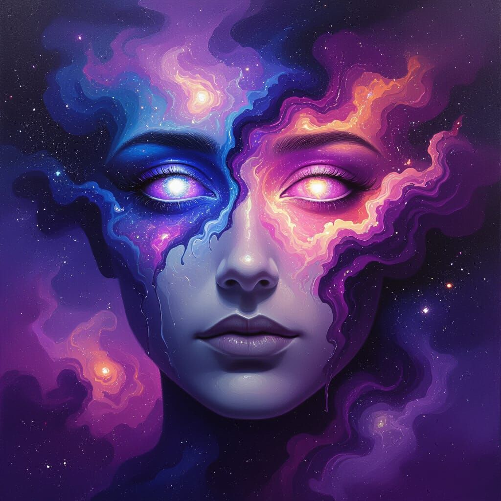 Cosmic Face Dissolving into Nebula Paint