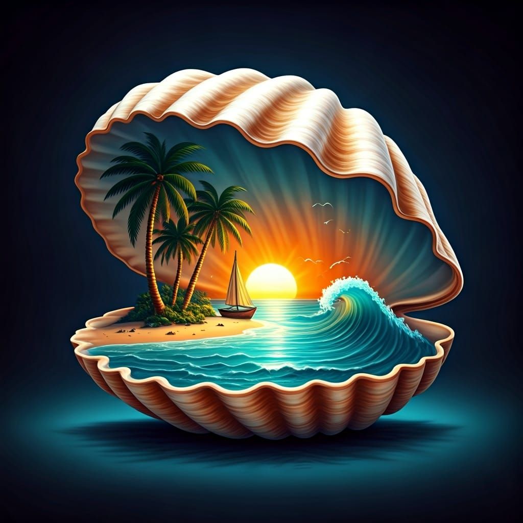 Tropical Island Inside Seashell in Cartoon Watercolor Style