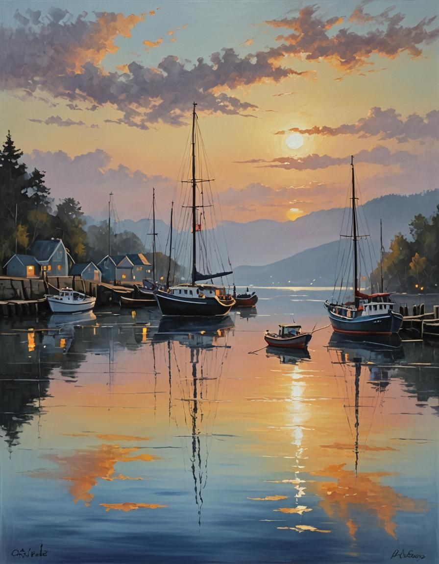 Quiet Harbor at Dawn: An Oil Painting