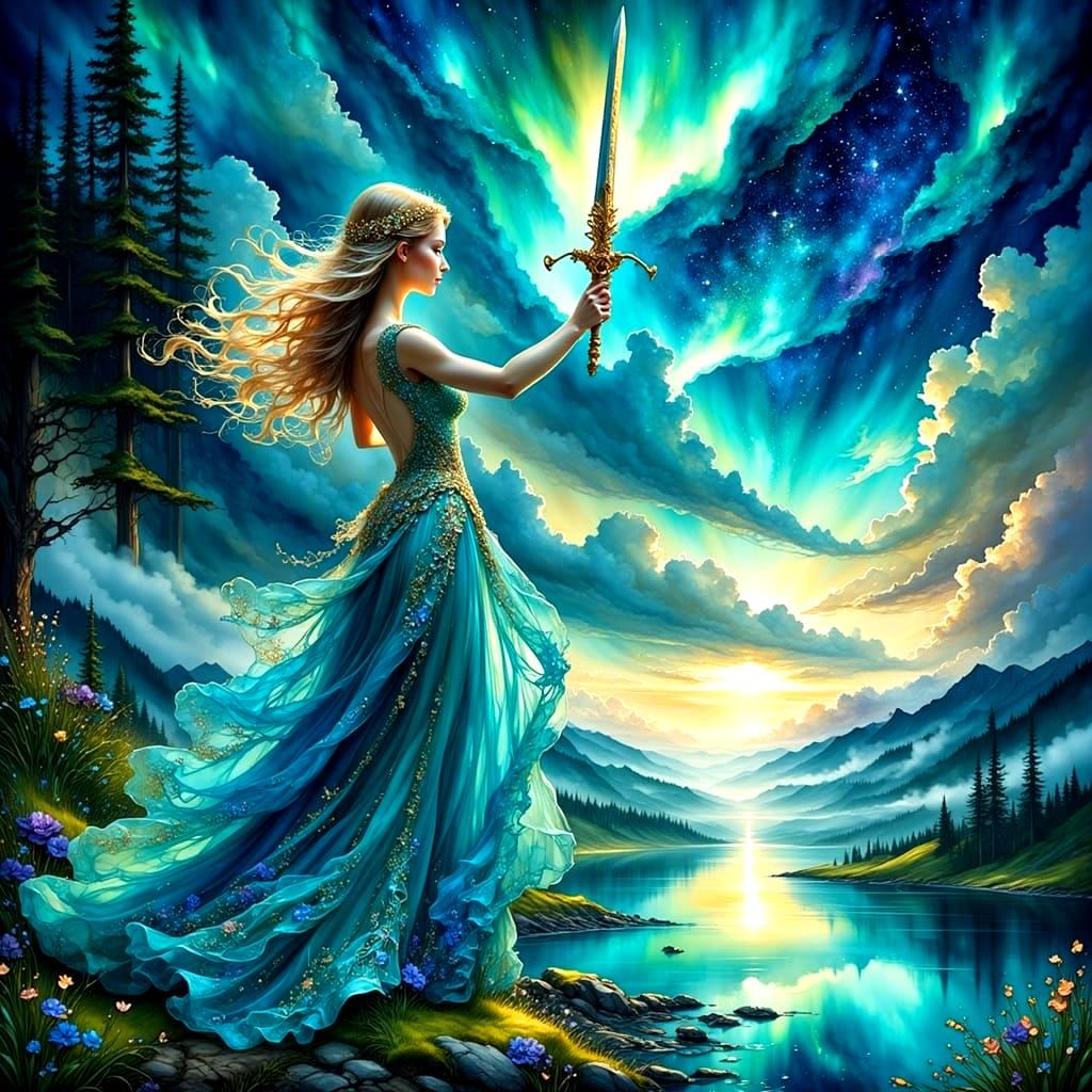 Ethereal Lady of the Lake with Excalibur Sword in Celestial ...