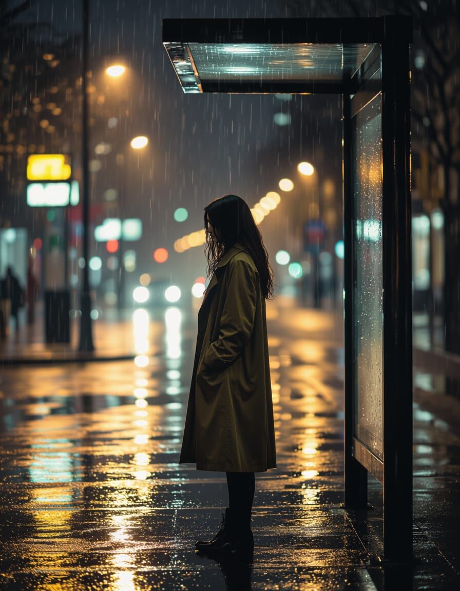 Young Woman at Rainy Bus Stop: Emotional Movie Poster