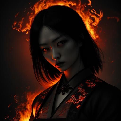 Japanese Gothic Girl Engulfed in Flames: Hyperrealistic Imag...