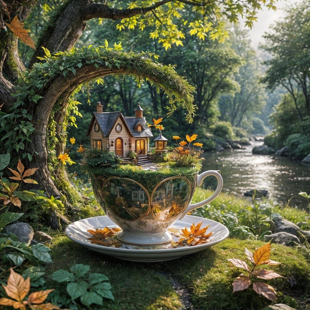 Miniature Autumn Forest in Ornate Teacup