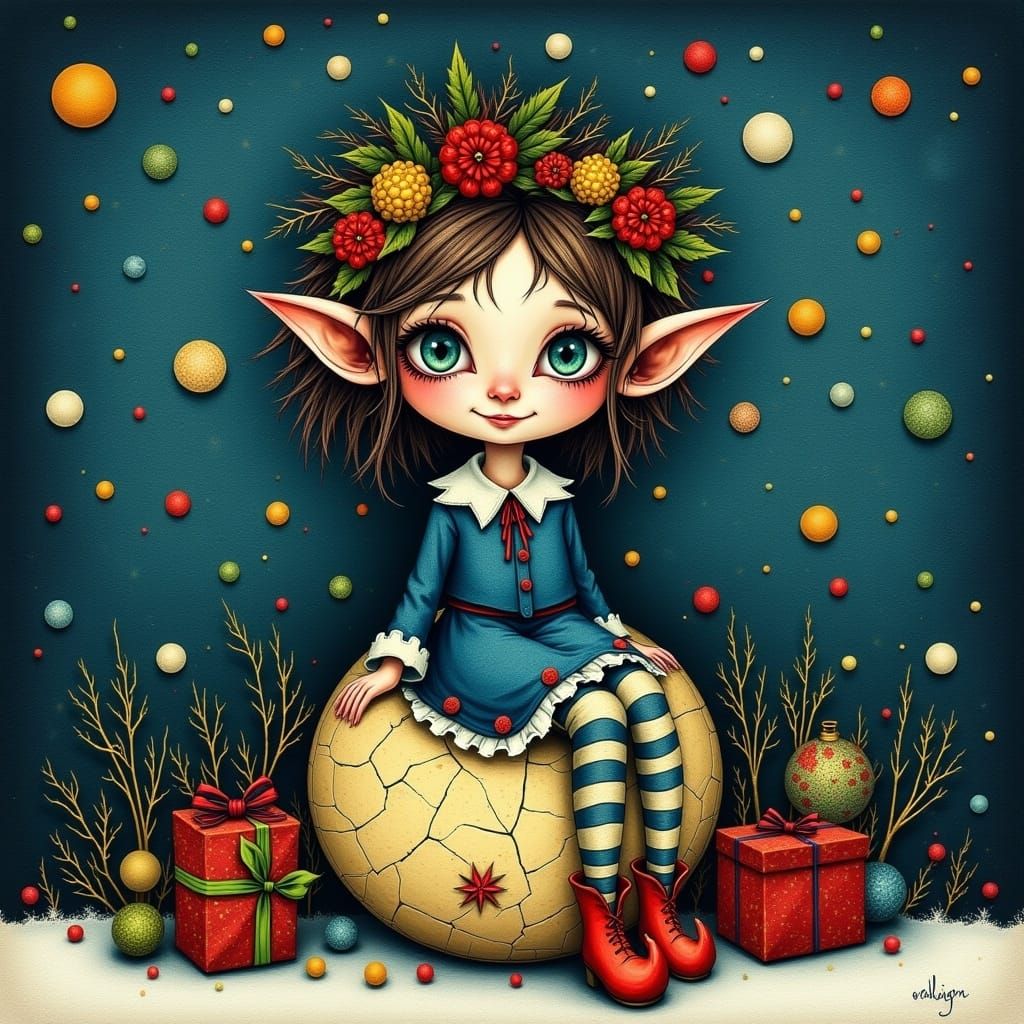 Laughing Elf Girl with Christmas Blossoms