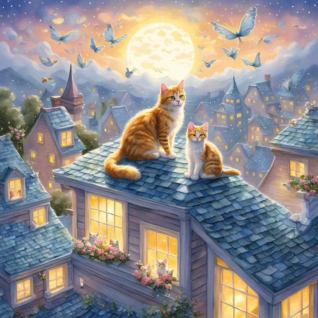 Cat Fairy Visits Newborn Kittens: Watercolor Fantasy