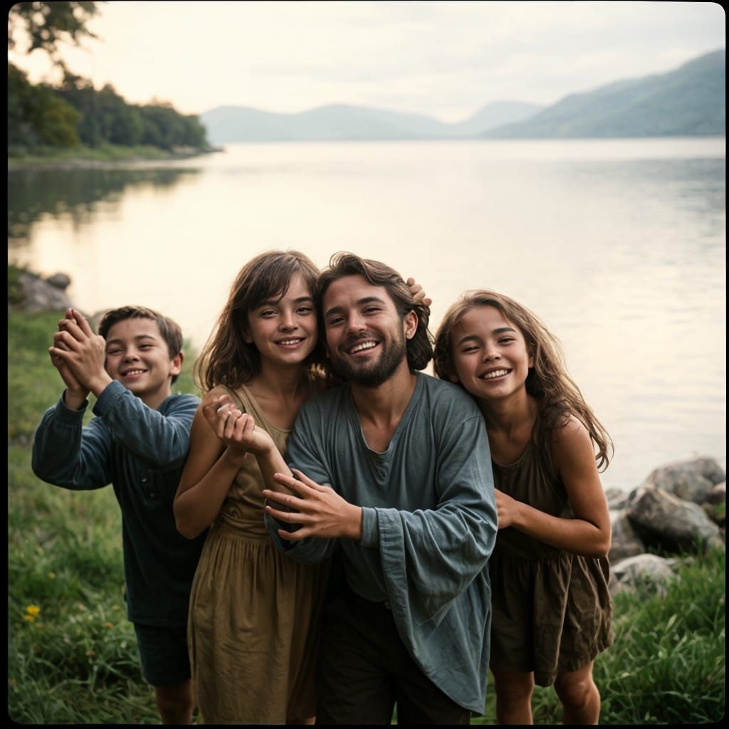 Jesus Surrounded by Happy Children in a Serene Lake Scene