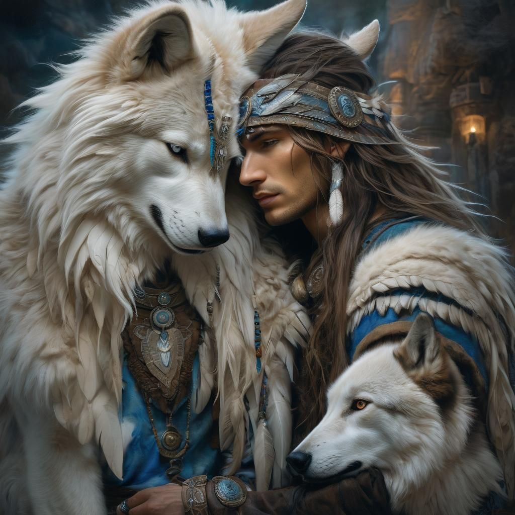 Ethereal Warrior and Wolf Portrait in Fantasy Realism