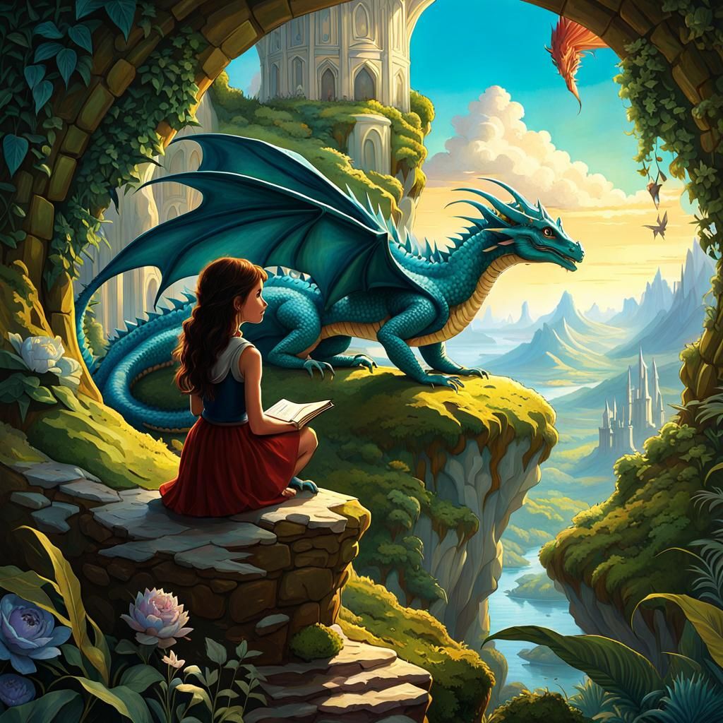 Young Girl and Dragon in a Magical Art Gallery