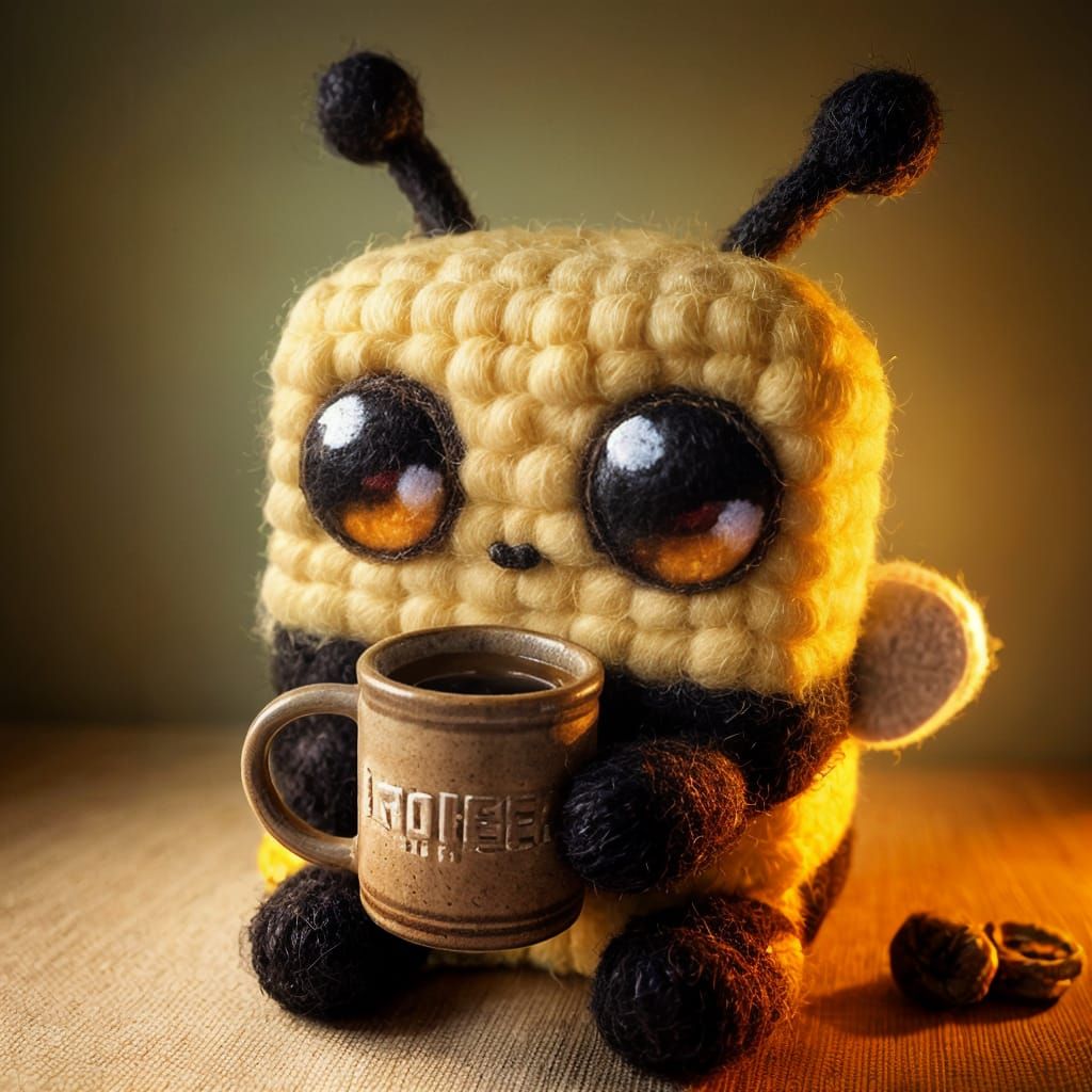 Minecraft-Inspired Bee Plush with Coffee Cup