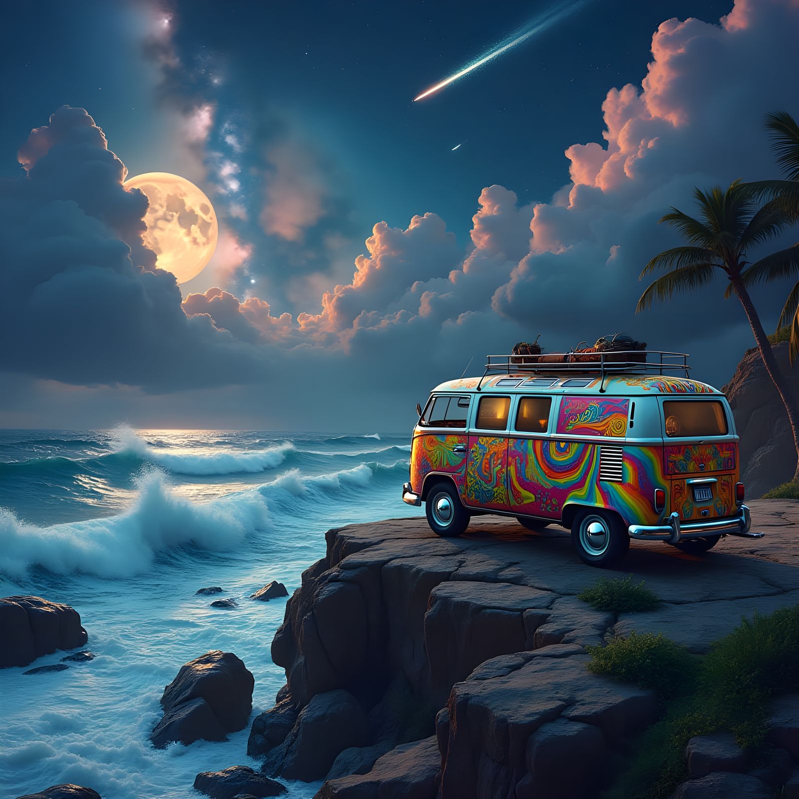 Vintage Hippie VW Van on Cliffside Under Full Moon