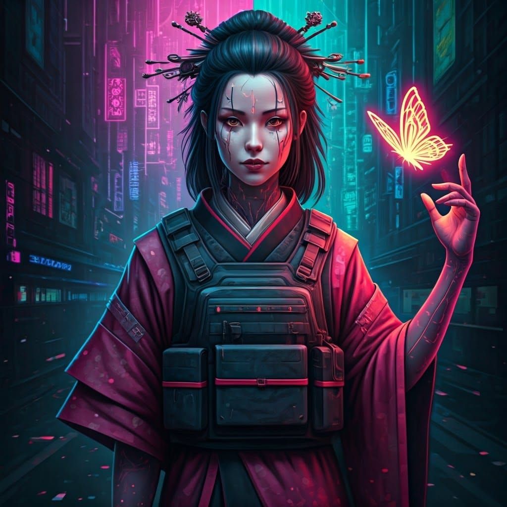 Cyberpunk Netrunner with Geisha Makeup and Digital Kimono
