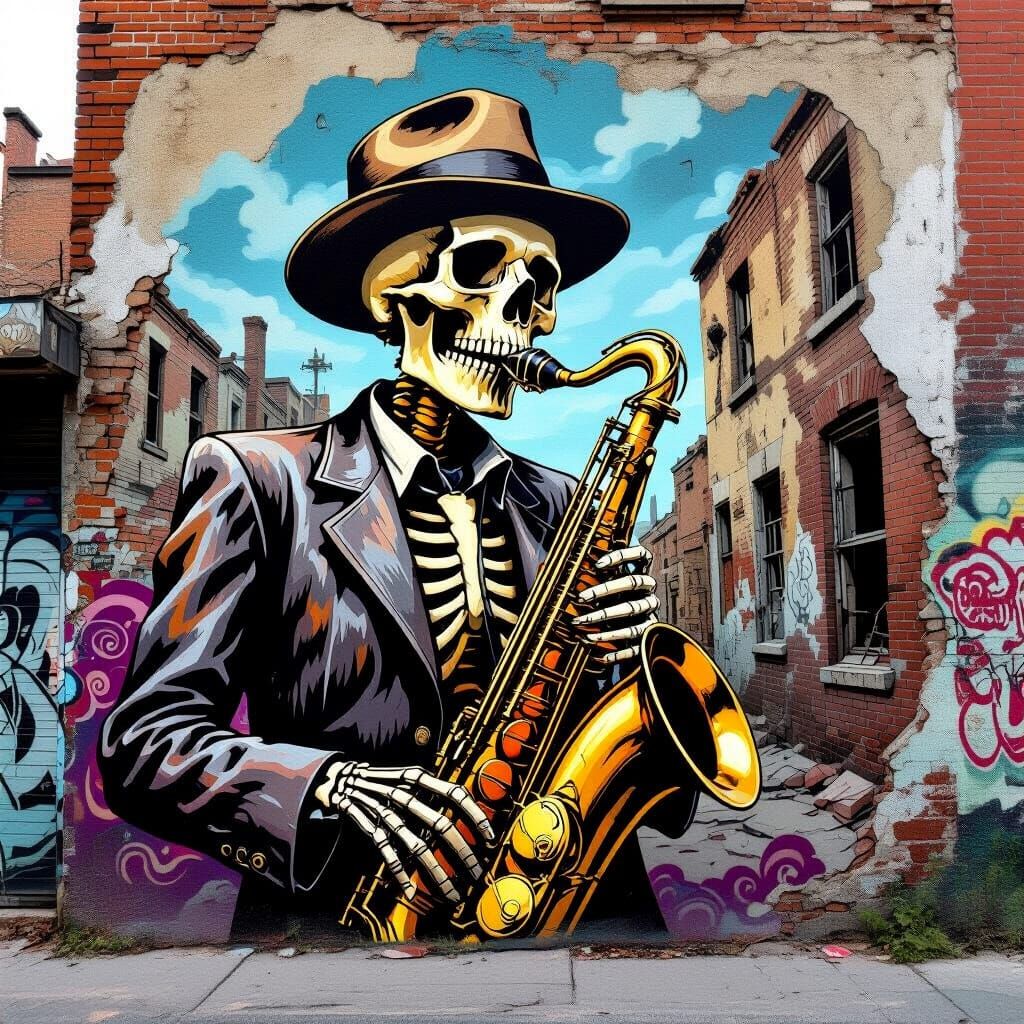 Skeleton Saxophonist Street Art Mural in Americana Style