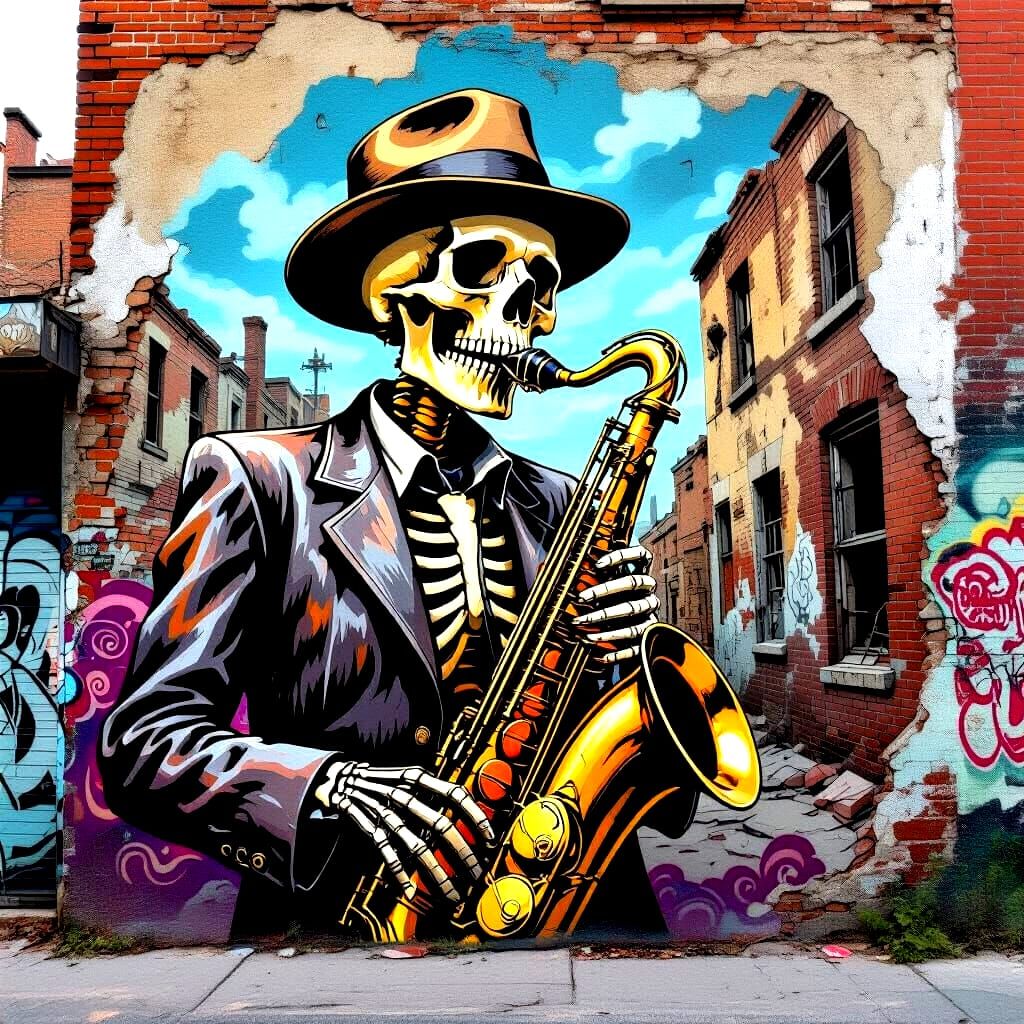 Skeleton Saxophonist Street Art Mural in Americana Style