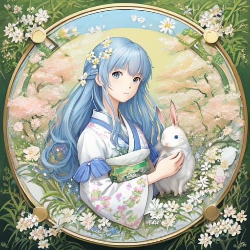 Anime Girl Surrounded by Whimsical Flowers and Pet Rabbit in...