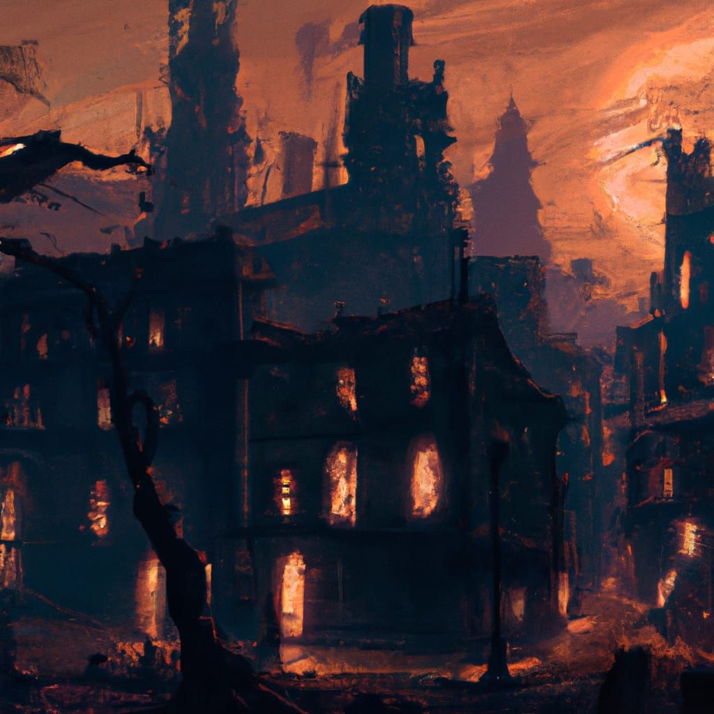 Ruined Victorian City Ablaze: Dark Fantasy Digital Art