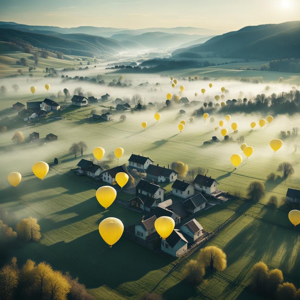Cinematic Aerial View: Yellow Balloons Over Village