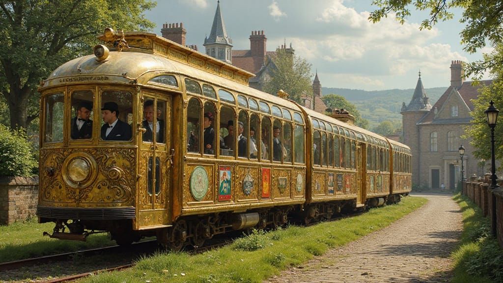 Steampunk Monorail in English Countryside Oil Painting