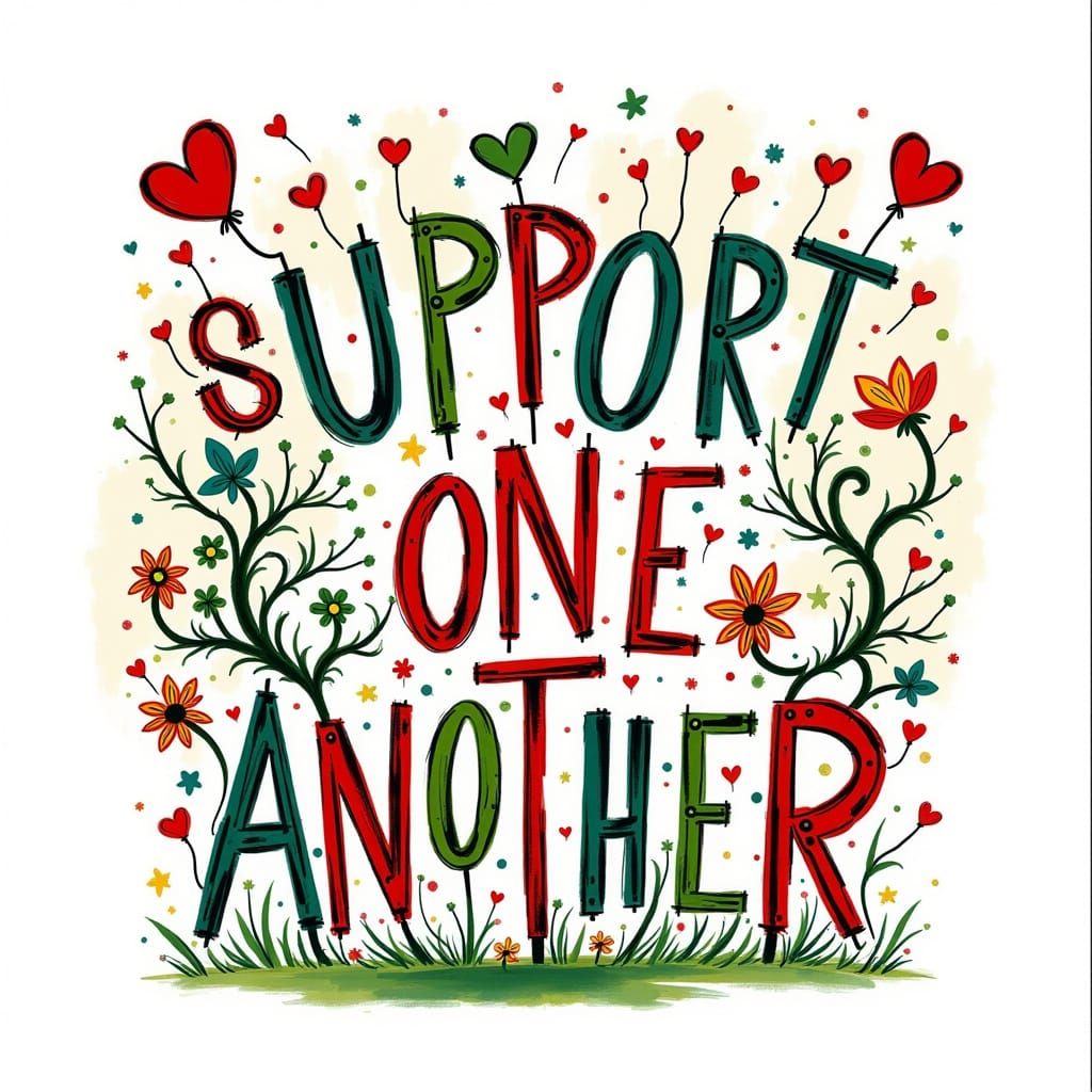 Colorful Sign Promotes Support with Hearts and Flowers