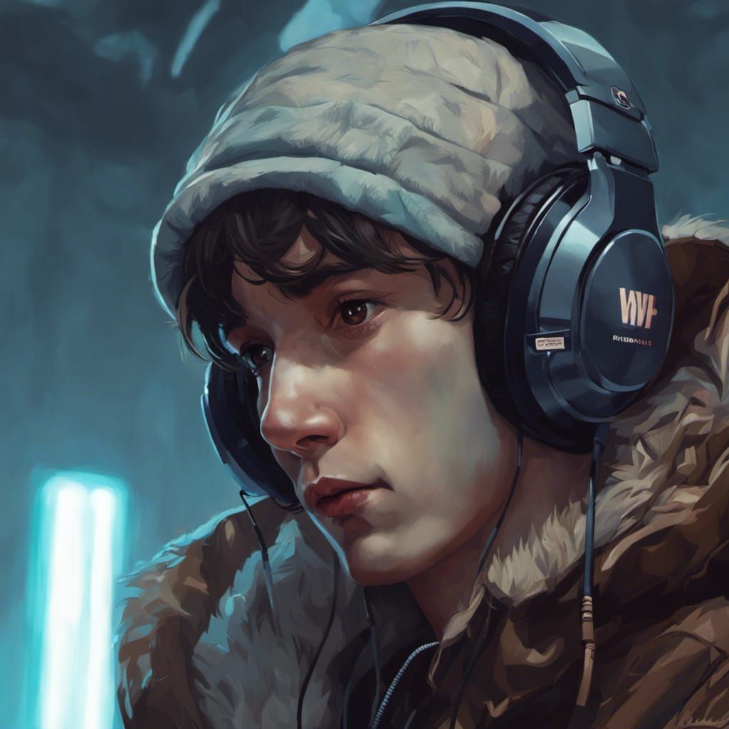 Sad Teen Boy with Headphones, Hyperdetailed Digital Art