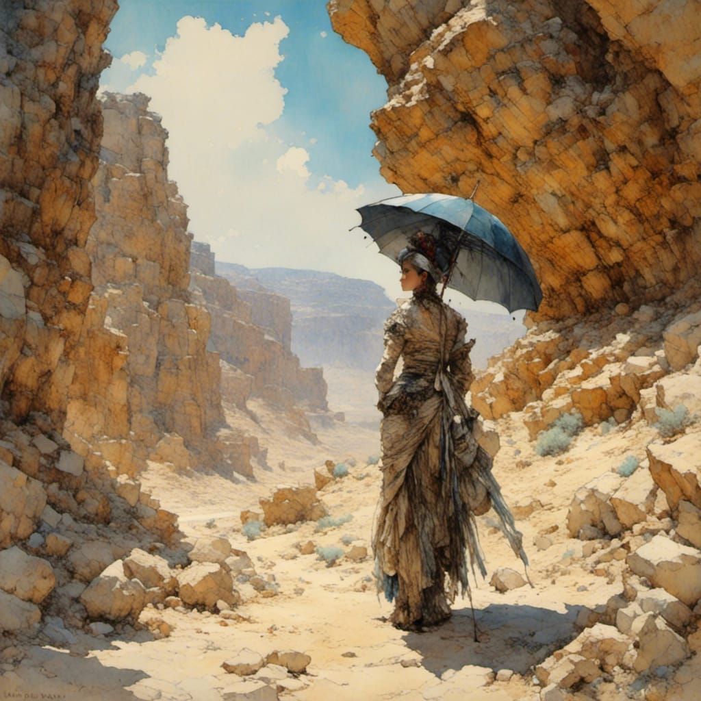 Woman with Umbrella in Desert Canyon, Oil Painting