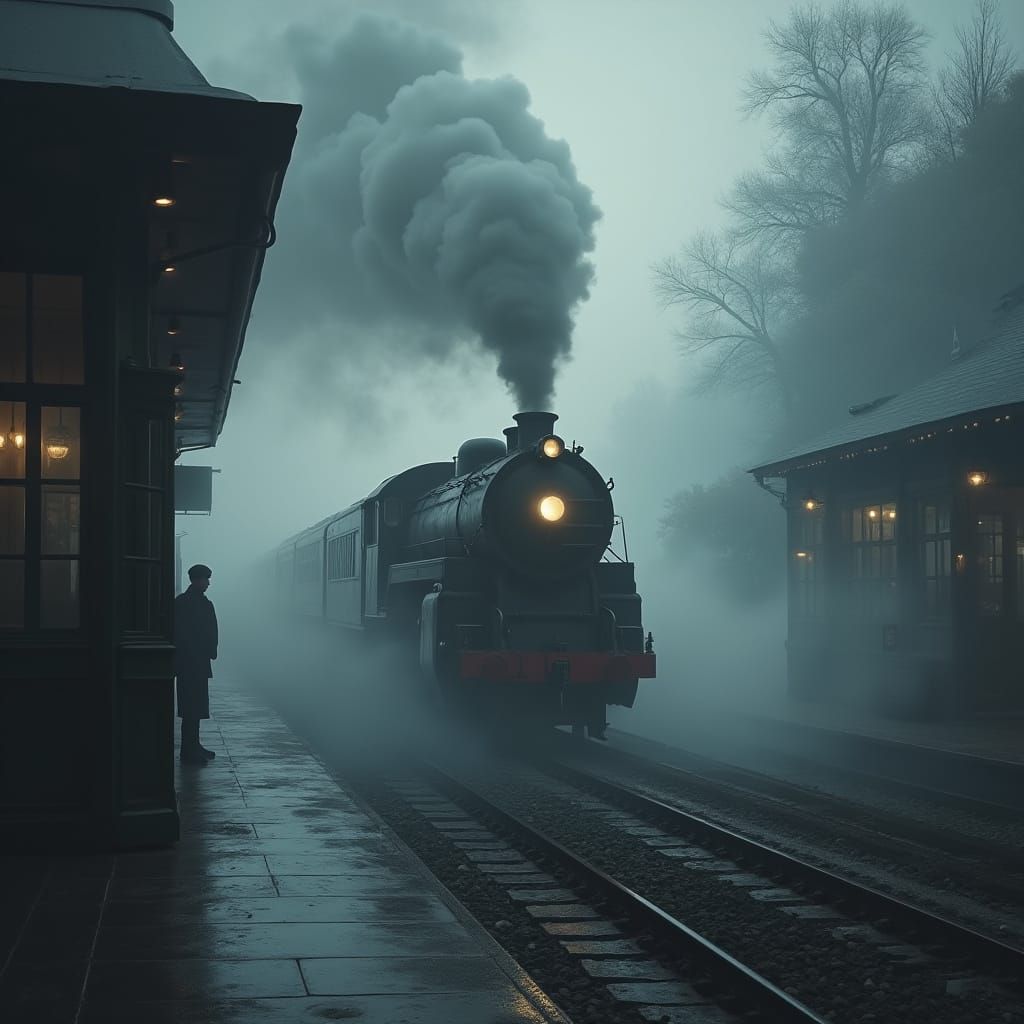 Steam Train Arriving in Fog: Digital Matte Painting