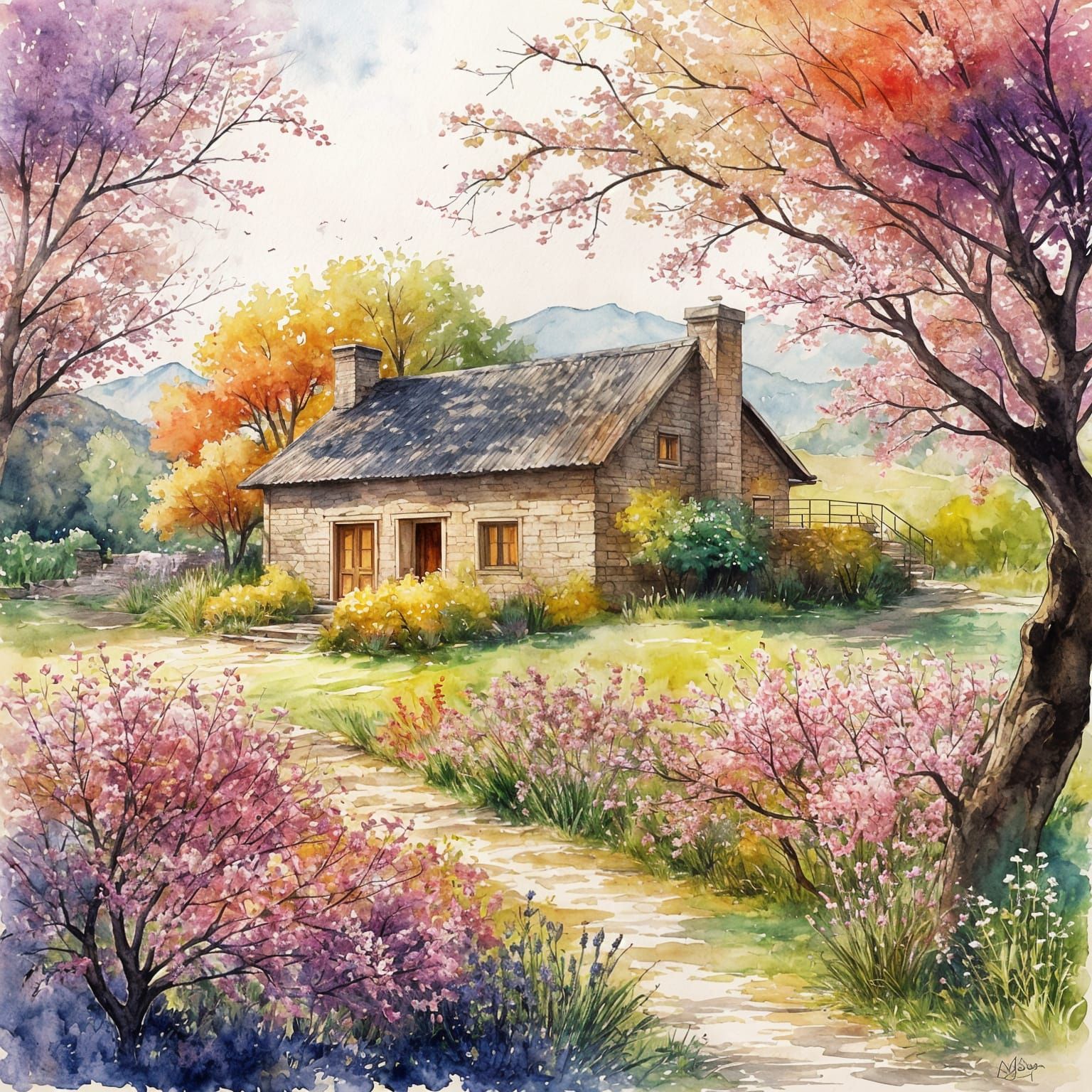 Spring Orchard Blooms: Watercolor Country House
