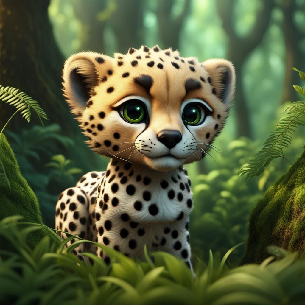 Enchanting Baby Cheetah in Green Forest, Detailed Matte Pain...