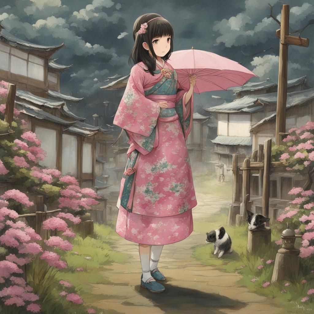 Geisha in Pink Dress with Wolf