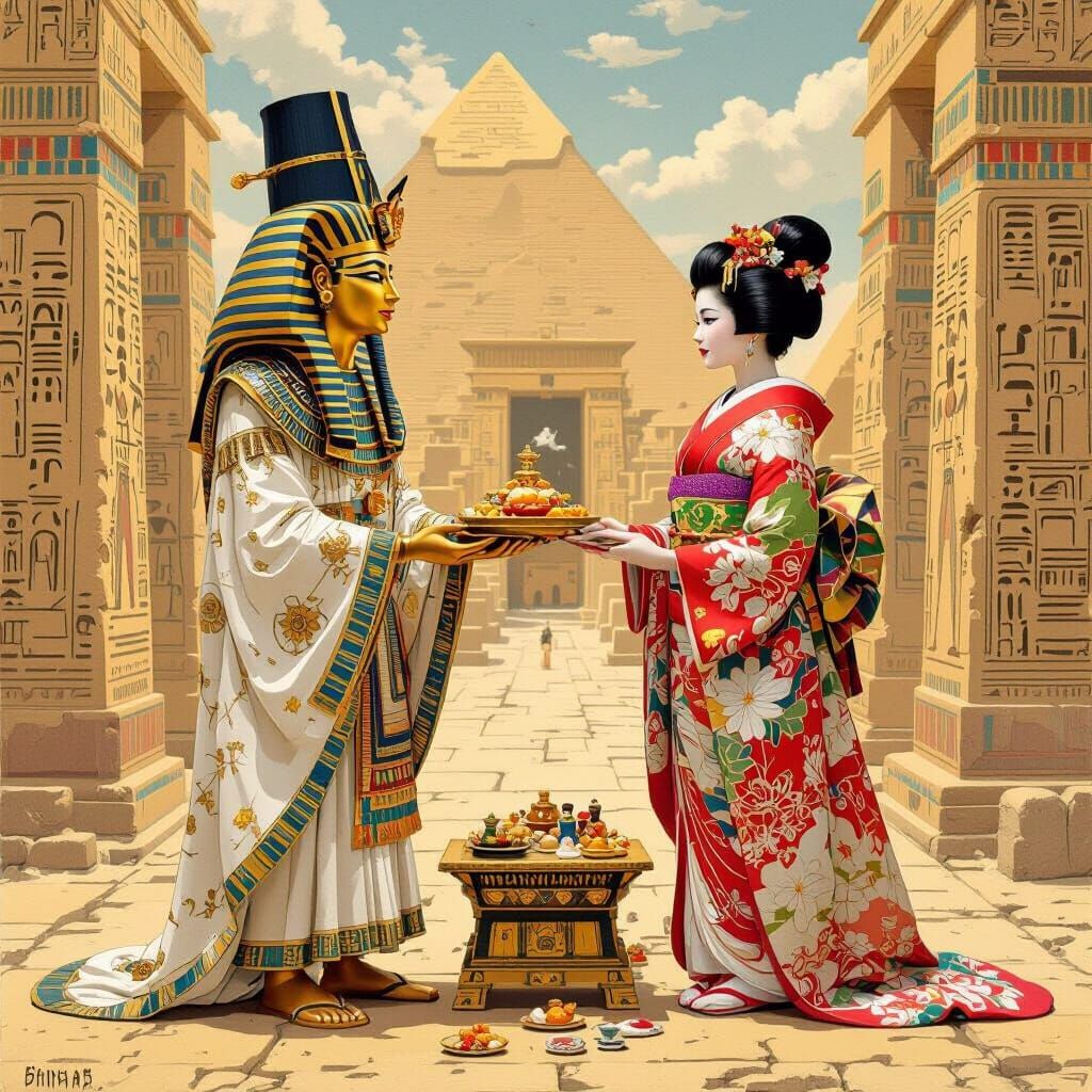 Pharaoh Offering Food to Japanese Woman